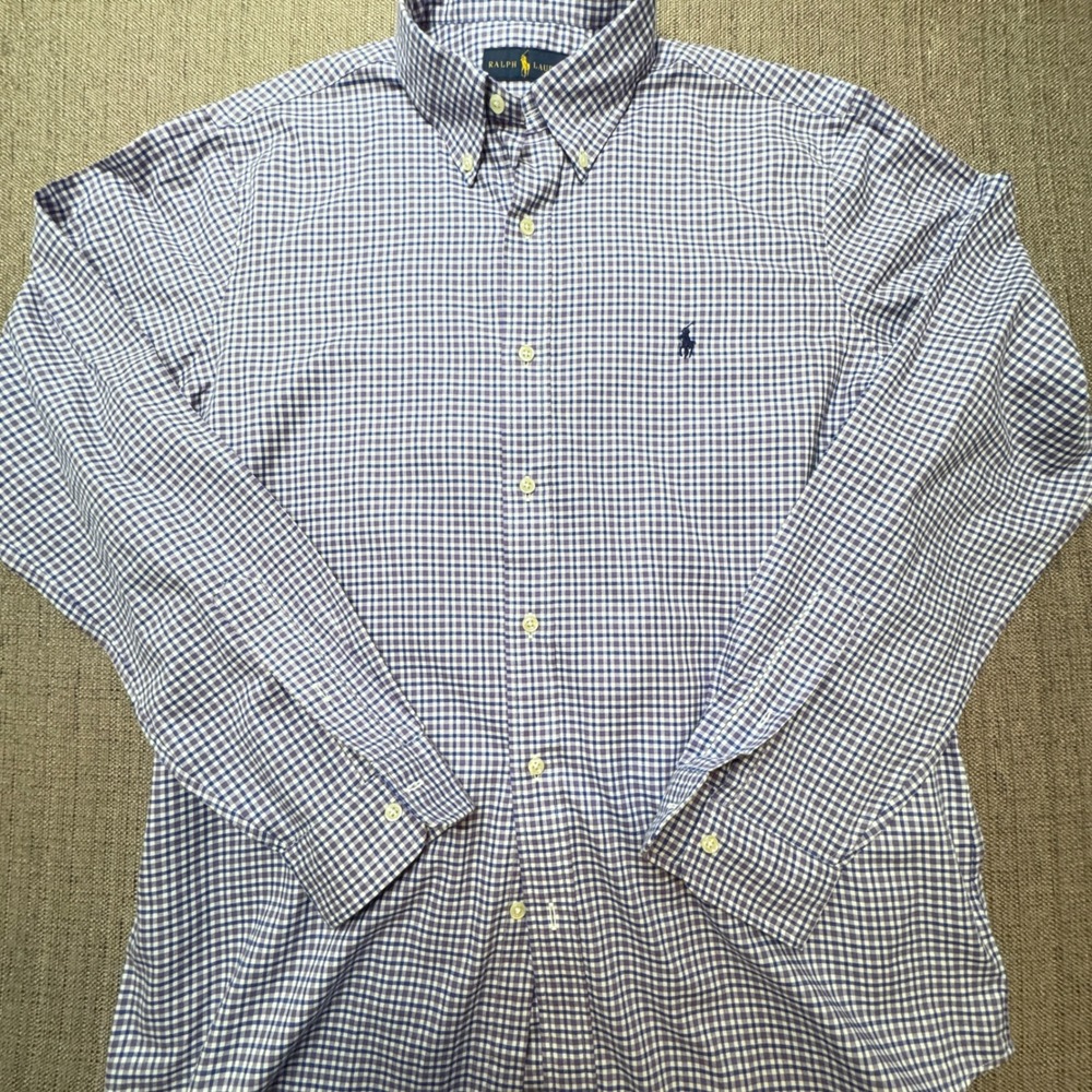 Ralph Lauren Mens Gingham Button Down Shirt Blue White Cotton Large L LS